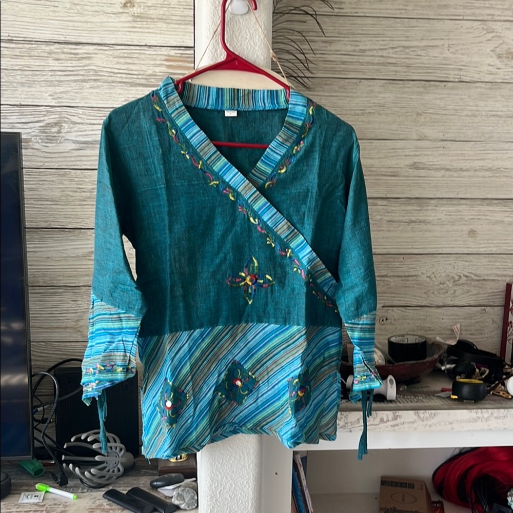 Green and Blue Wrap Blouse with Embellished Mandarin Collar